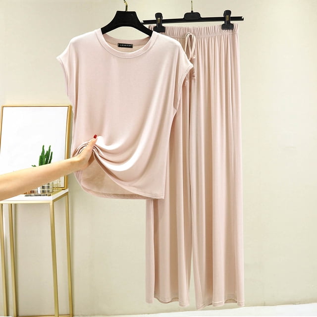 Goodtrade8 Woman Plus Pajamas 2 Piece Soft Casual Solid Color Crew Neck Short Sleeve Sleepwear Womens Pjs