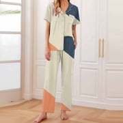 Goodtrade8 Woman Plus Pajamas Straight Leg Pants 2 Piece Casual Short Sleeve Collared Sleepwear Color Block Womens Pajama Tops