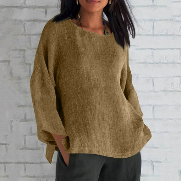 Goodtrade8 Women Long Sleeve T-Shirt Plus Size Lightweight Womens Blouses Long Sleeve Loose Solid Color Crew Neck Casual Winter Tops for Women