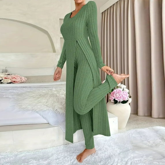 Goodtrade8 Women Pajama Set 2 Piece Lightweight Soft Casual Crew Neck Solid Color Long Sleeve Ladies Pjs