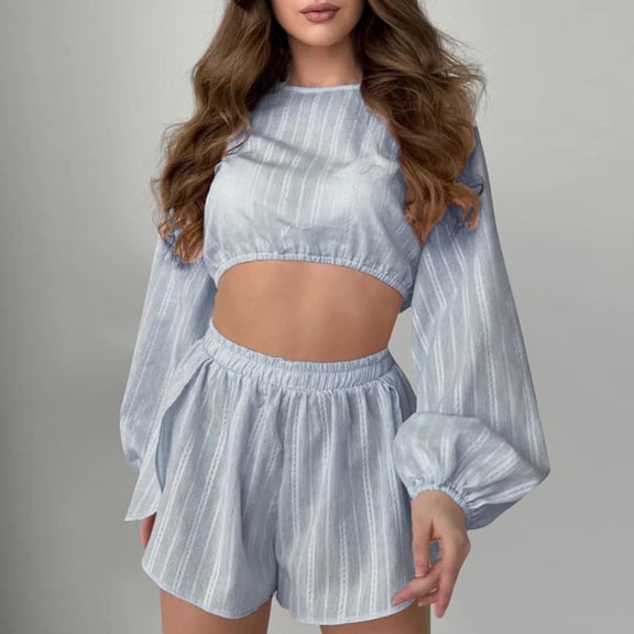 Goodtrade8 Women Pajama Set 2 Piece Petite Solid Color Long Sleeve Crew Neck Cropped Casual Womens Pajama Tops