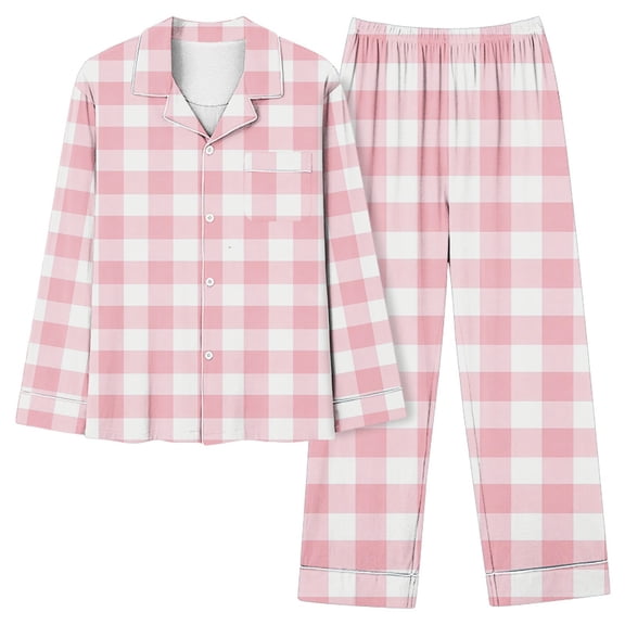 Goodtrade8 Women Pajama Set Plus Size Plaid 2 Piece Long Sleeve Casual Button Down Collared Holiday Pajamas for Women