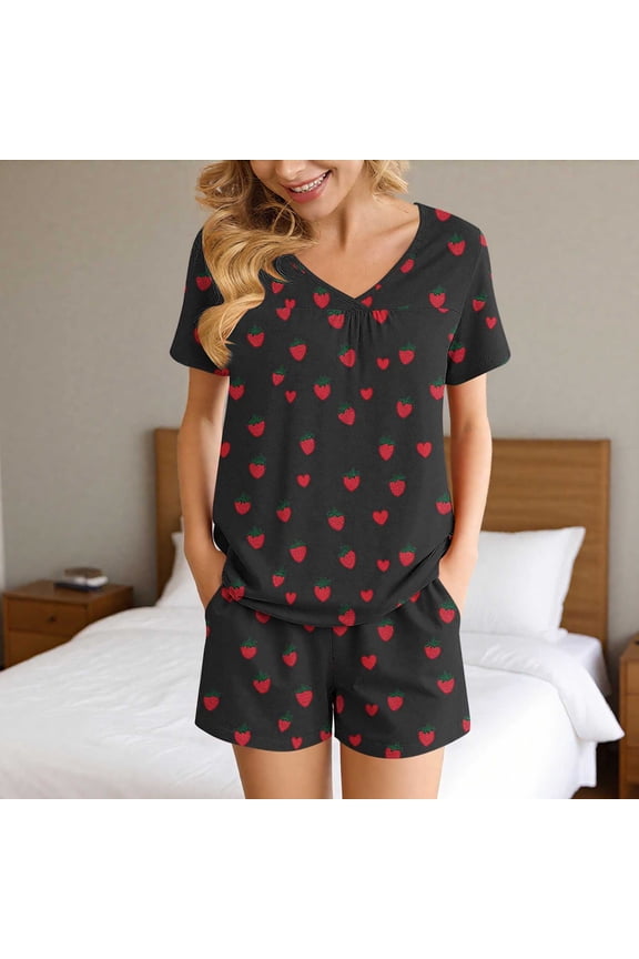 Women Sets 2 Piecess Clothing with Pocket Petite Short Sleeve Printed V-Neck Casual Sleepwear Womens Pajama Sets 2 Piecess