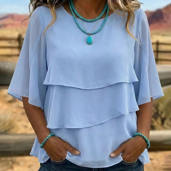 Goodtrade8 Women Solid Boho Tiered Chiffon Blouse Round Neck Three-quarter Sleeve Layered Flowy Shirt Western Casual Loose Tops