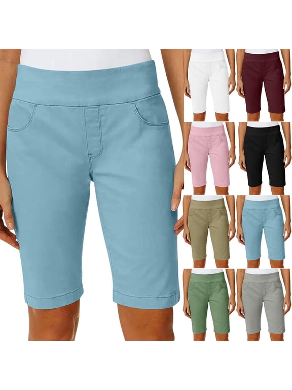 Women Solid Stretch Twill Shorts Thin Waist Pull Regular Hiking Shorts Bermuda Summer Casual With Pockets