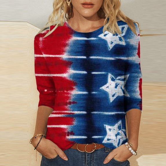 Goodtrade8 Women's 4th of July Shirts American Summer Pullover Red White and Blue Casual Short Sleeve Independence Day , Graphic Fashion Tops for Junior Red White and Blue