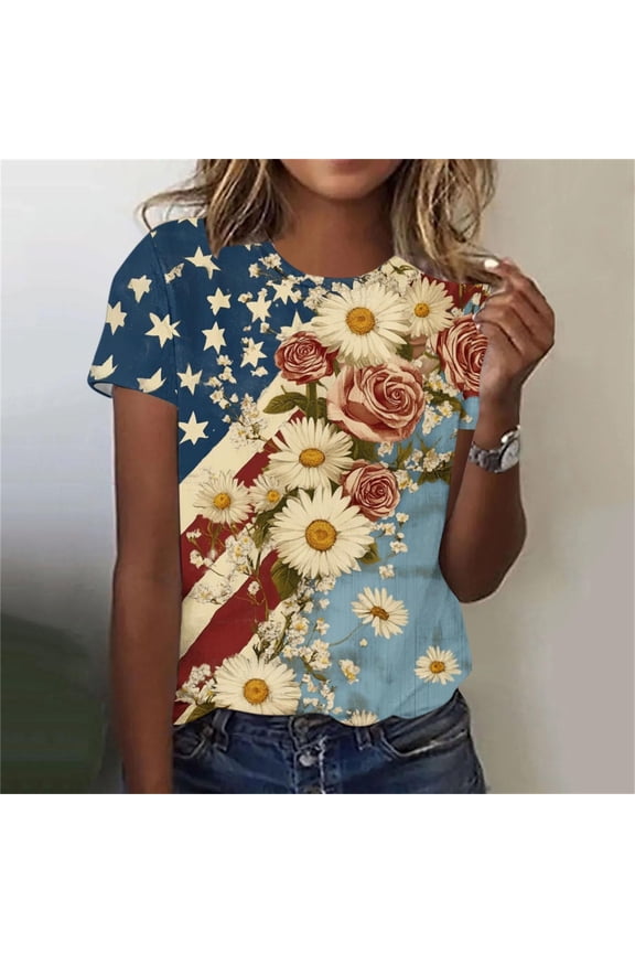 Women's American T Shirts July 4th Casual Pullover Independence Day Crew Neck , Red White and Blue Short Sleeve Red White and Blue Graphic Tops for Women Fashion