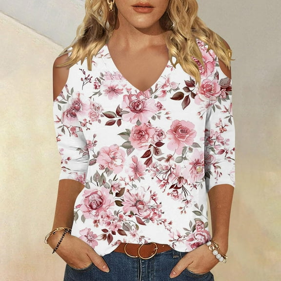 Goodtrade8 Women's Plus Size Tops Cold Shoulder Floral Blue Casual 3/4 Sleeve V-Neck Shirt Winter for Women