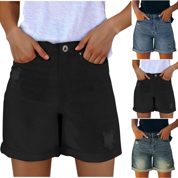 Goodtrade8 Women's Ripped Jean Shorts Vintage Pockets Demin Shorts Casual Cute Summer Distressed Shorts for Women Black