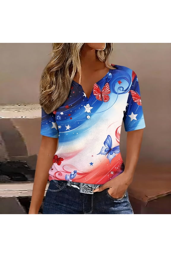 Women's Short Sleeve T Shirts Summer American Pullover Red White and Blue Graphic July 4th Casual , Independence Day Red White and Blue Tops for Women V-Neck