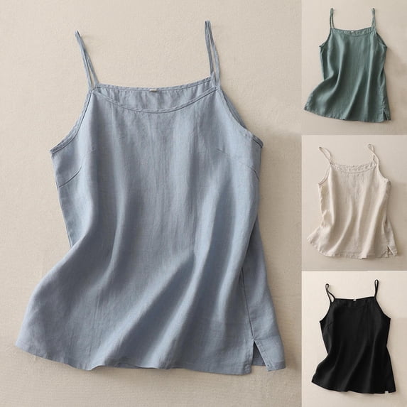 Goodtrade8 Women's Sleeveless Tank Tops Casual Shirts Cotton Linen Camisole Summer Pullover Lightweight Crew Neck Tops for Women Undershirts