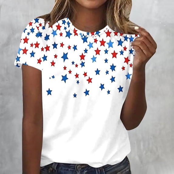 Goodtrade8 Women's Summer T Shirts Graphic Red White and Blue Pullover Independence Day July 4th Red White and Blue Short Sleeve , Casual Crew Neck Tops for Junior Fashion