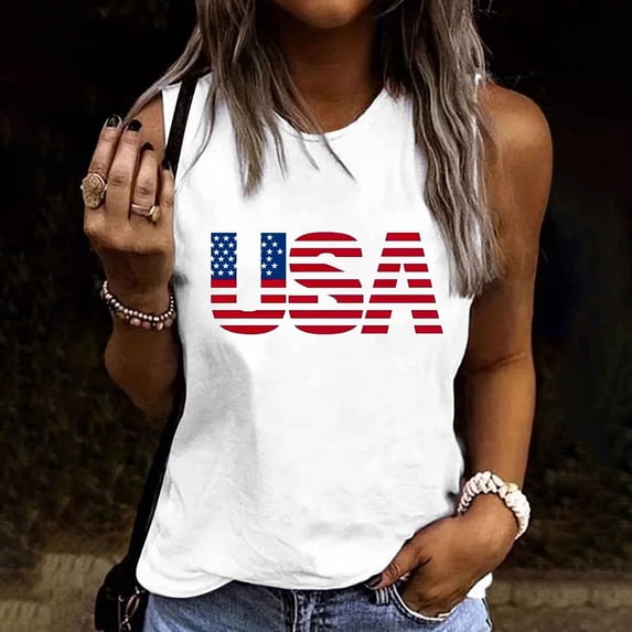 Goodtrade8 Women's Summer Tank Tops July 4th Pullover Sleeveless Shirts Red White and Blue Casual American Flag Patriotic Outdoor Tanks for Women Crew Neck
