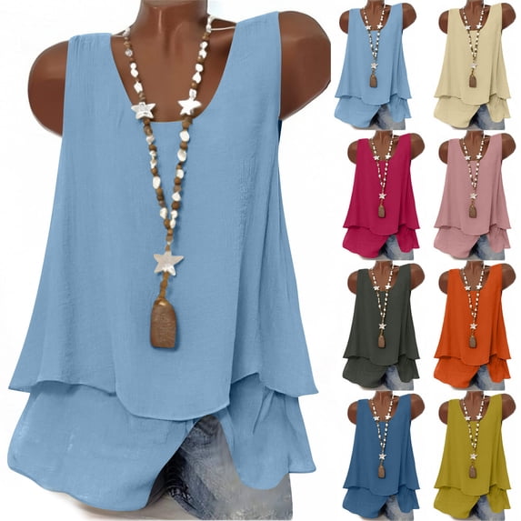 Goodtrade8 Women's Summer Tank Tops Sleeveless Loose Fit Shirts Flowy Casual Camisole Crewneck Pullover Outdoor Tops for Women Cotton Linen