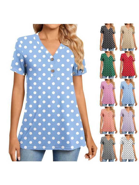 Women's Summer V-neck Button Up Polka Short Sleeved V-neck Top/shirt