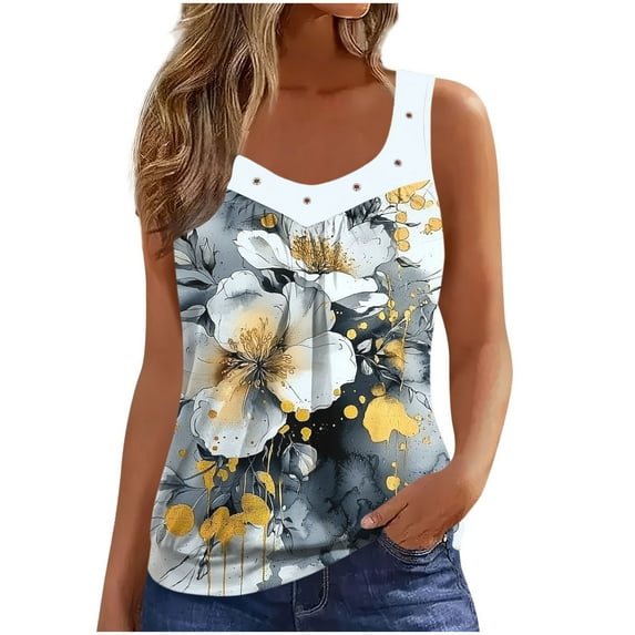 Goodtrade8 Women's Work Shirts Sleeveless Dressy Pullover V-Neck Floral Print Casual Casual,Summer Tank Tops for Women Lightweight