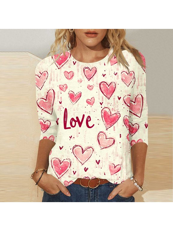Womens 3/4 Sleeve Shirts Casual Valentine Pullover Crew Neck Spring Gifts for Girlfriend Tops for Women Plus Size