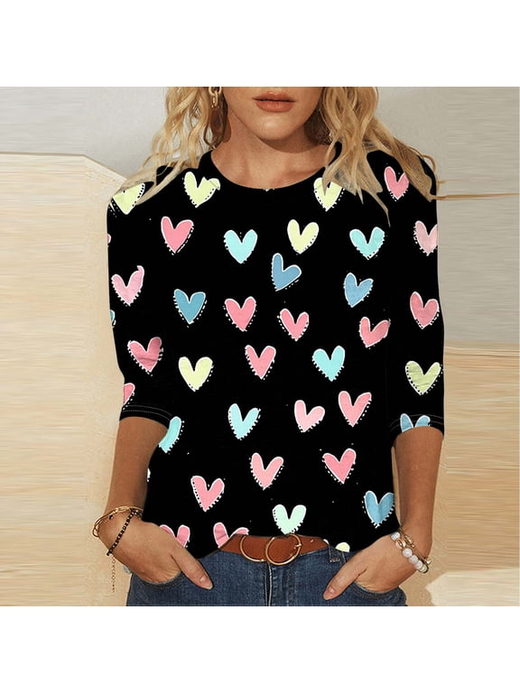 Womens 3/4 Sleeve Tops Plus Size Pullover Spring Valentine Crew Neck Graphic T-Shirts for Women Gifts for Girlfriend