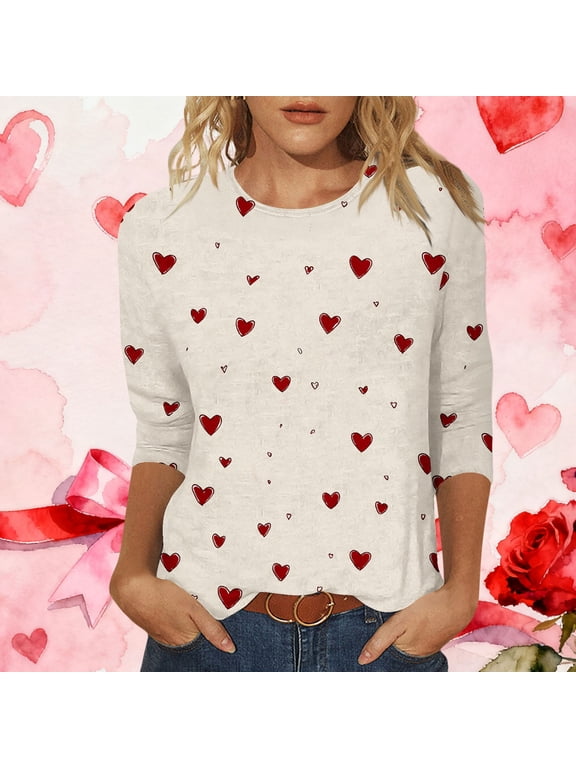 Womens 3/4 Sleeve Tops Plus Size Pullover Valentine Crew Neck Summer Graphic Fashion T-Shirts for Women Gifts for Girlfriend