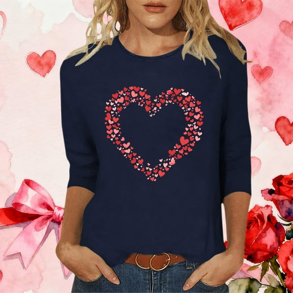 Goodtrade8 Womens 3/4 Sleeve Tops Plus Size Valentine Pullover Spring Summer Cute Graphic T-Shirts for Women Trendy
