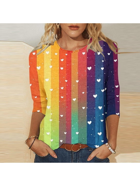Womens 3/4 Sleeve Tops Spring Plus Size Pullover Casual Summer Valentine Graphic Crew Neck Cute T-Shirts for Women Fashion