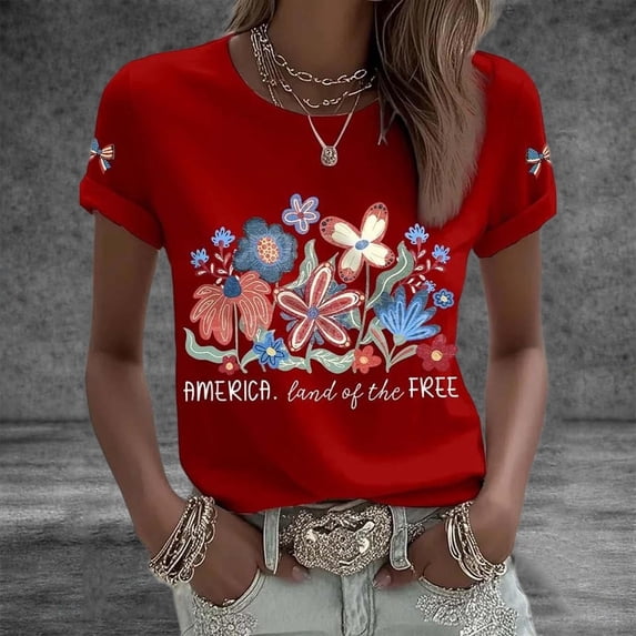Goodtrade8 Womens American Flag Shirts Independence Day Short Sleeve Pullover Summer Red White and Blue , Casual Red White and Blue Graphic Fashion Tops for Junior July 4th