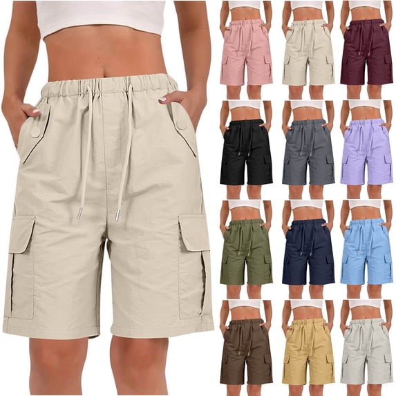 Goodtrade8 Womens Cargo Shorts Knee Length Summer Bermuda Short Athletic Drawstring Solid Color Womens Shorts