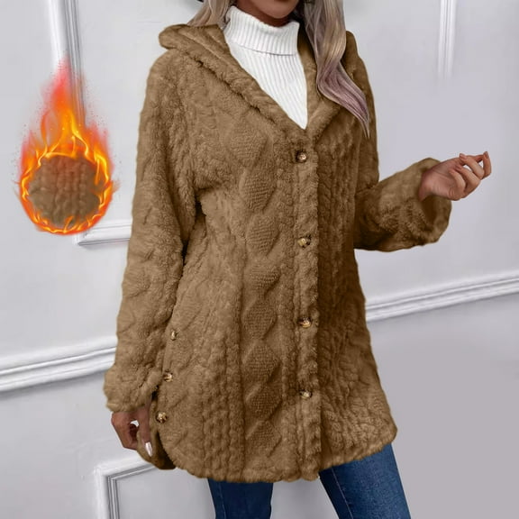 Goodtrade8 Womens Coats Button Fleece Warm Solid Color Long Sleeve Hooded Casual Women Tops