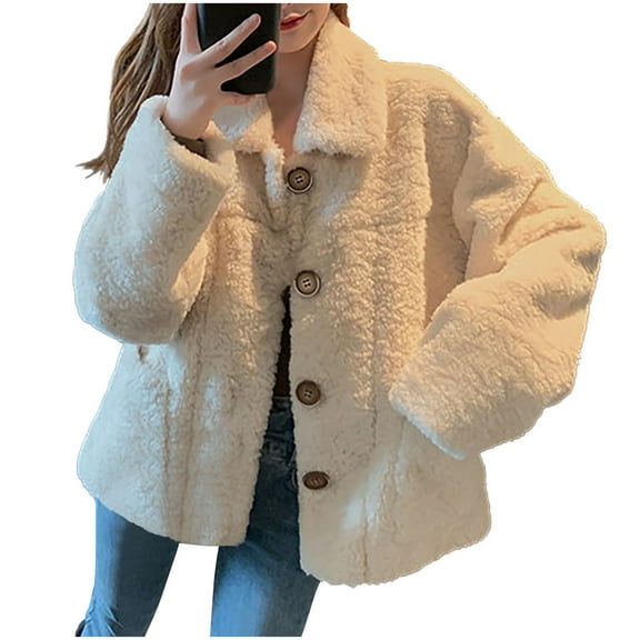 Goodtrade8 Womens Coats Button Warm Fleece Casual Long Sleeve Pocket Solid Color Women Winter Tops