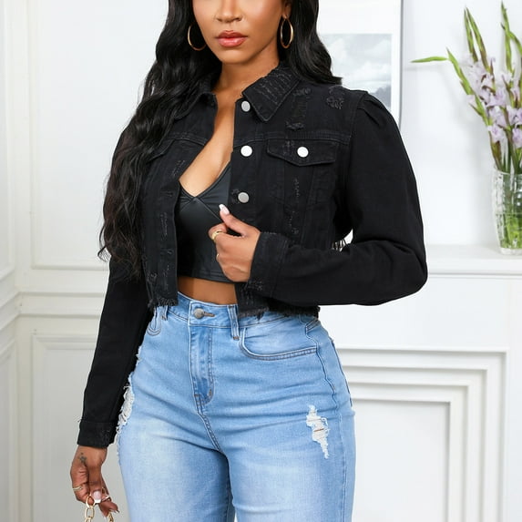 Goodtrade8 Womens Coats Cropped Denim Jean Jacket Button Long Sleeve Casual Solid Color Women's Winter Tops