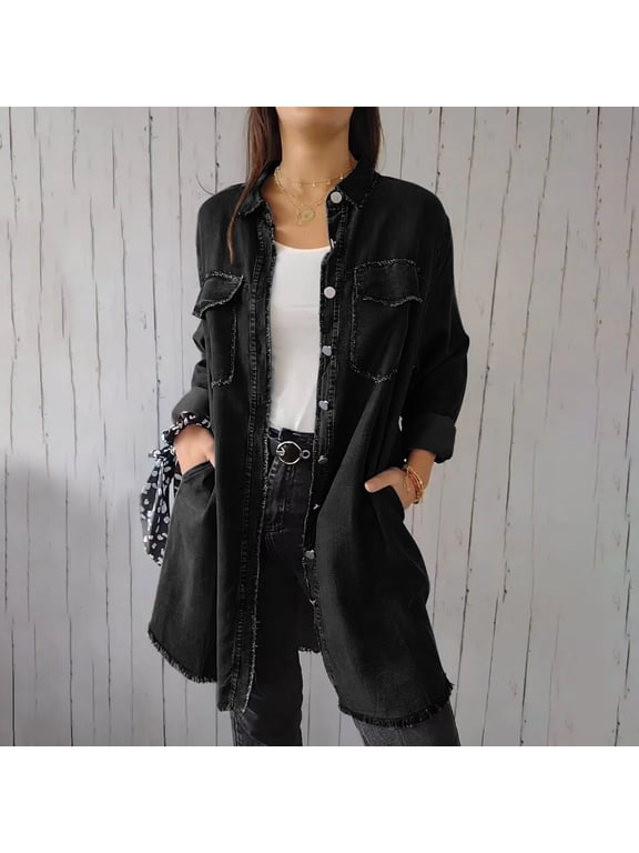 Womens Coats Denim Long Jean Jacket Button Long Sleeve Solid Color Casual Women Winter Tops