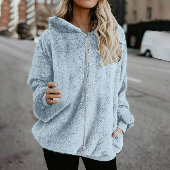 Goodtrade8 Womens Coats Zip up Fleece Hooded Solid Color Long Sleeve Warm Casual Women Tops,Sizes S-XXXXXL