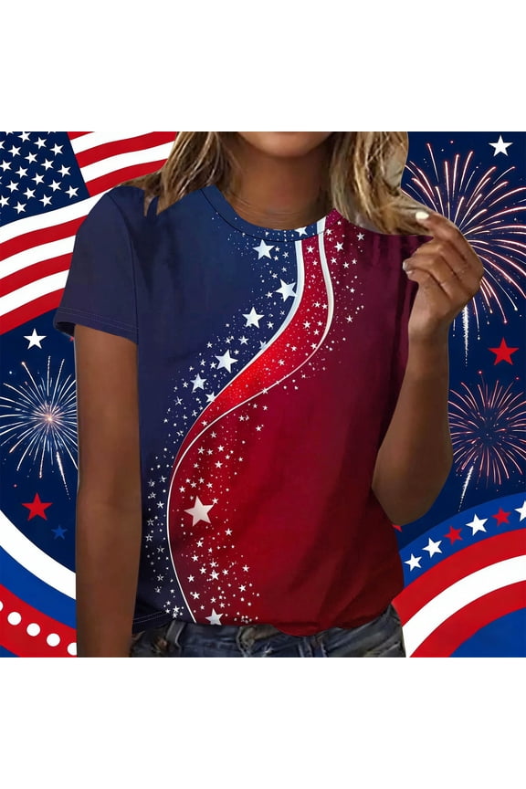 Womens Graphic Tops Short Sleeve Blouses Summer American Flag Tunic Independence Day Fashion Shirts for Women