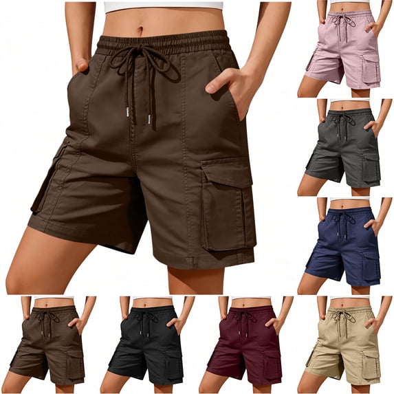 Goodtrade8 Womens Hiking Cargo Shorts Pocket Summer Bermuda Short Elastic Waist Casual Solid Color Women Short