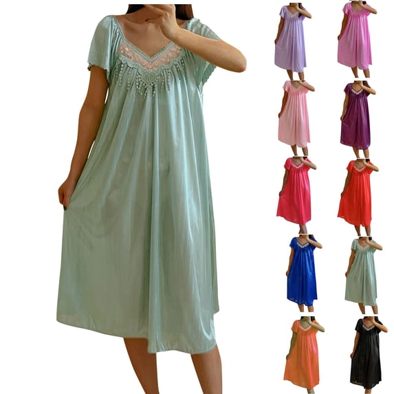 Goodtrade8 Womens Ice Slik Nightgown Sleepwear Soft Pajamas Dress Summer Short Sleeve Sleep Shirts Cozy Solid Color Lace Night Gowns for Ladies House