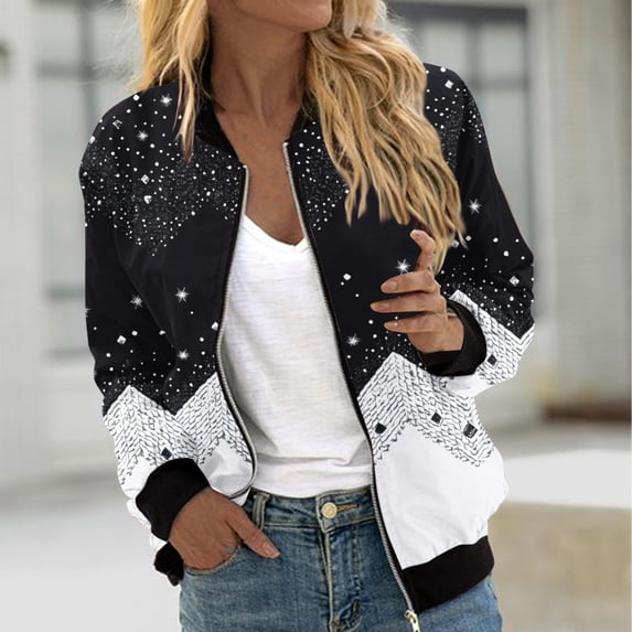 Goodtrade8 Womens Jacket Lightweight Zip up Bomber Jackets Casual Printed Pocket Long Sleeve Crew Neck Womens Tops for Winter
