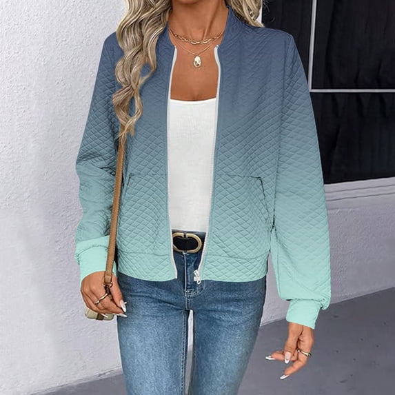 Goodtrade8 Womens Jackets Zip up Waffle Outerwear Casual Crew Neck Long Sleeve Pocket Printed Women Tops