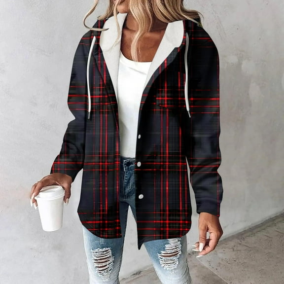 Goodtrade8 Womens Jackets and Coats Plus Size Zip up Casual Warm Long Sleeve Plaid Hooded Women Winter Tops,Sizes S-XXXL