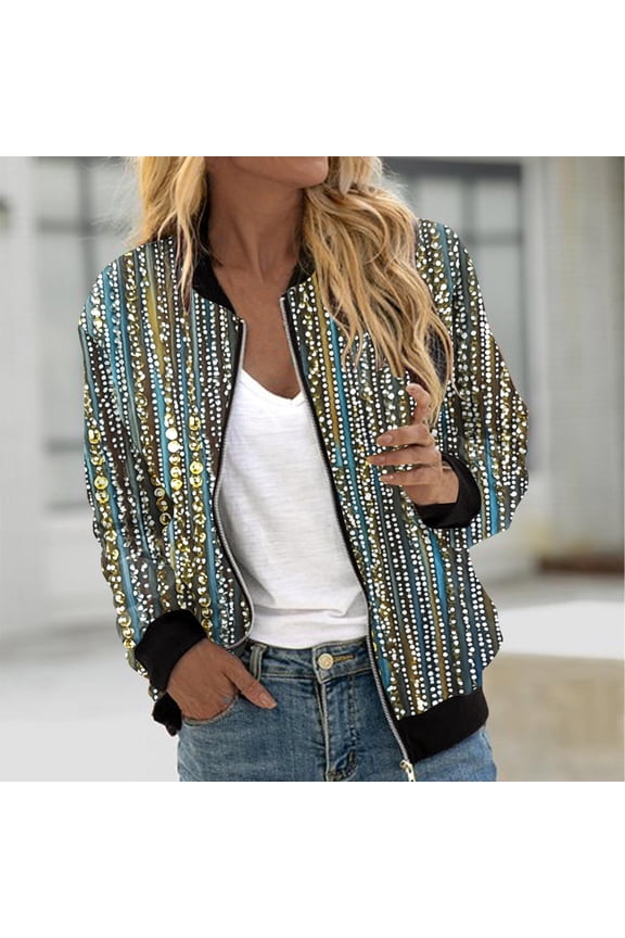 Womens Jackets and Coats Zip up Bomber Jacket Striped Pocket Casual Women Winter Tops