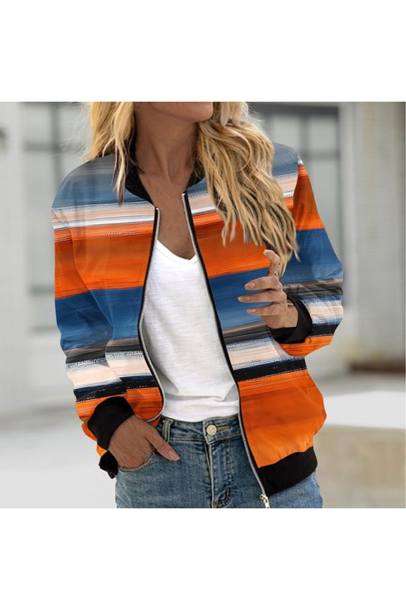 Womens Jackets and Coats Zip up Striped Bomber Jackets Pocket Lightweight Crew Neck Casual Long Sleeve Womens Tops