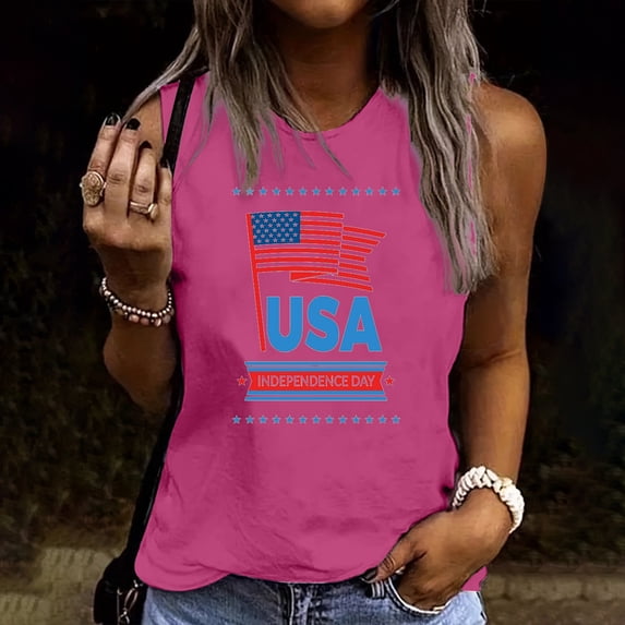 Goodtrade8 Womens July 4th Tank Tops Sleeveless Shirts Pullover Red White and Blue Sports Casual Patriotic American Flag Lightweight Tops for Women Crew Neck