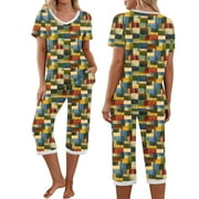 Goodtrade8 Womens Loungewear 2 Piece Straight Leg Pants V-Neck Sleepwear Graphic Short Sleeve Casual Pajamas for Women