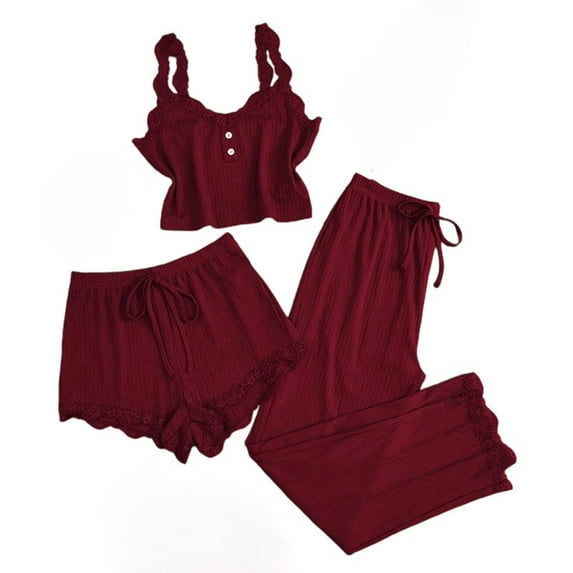 Goodtrade8 Womens Loungewear 3 Piece Plus Size Camisoles Sleeveless Sleepwear Solid Color Casual Holiday Woman Pajamas