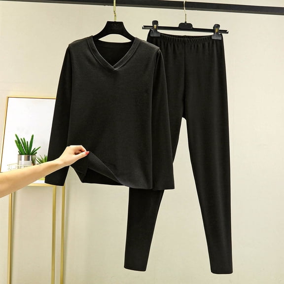 Goodtrade8 Womens Pajamas Capris Set Fleece Plus Size Solid Color V-Neck 2 Piece Casual Long Sleeve Holiday Pajamas Woman