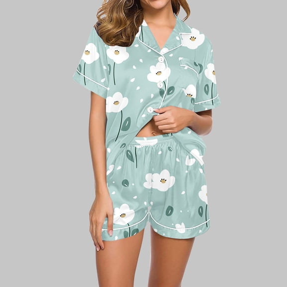 Goodtrade8 Womens Pajamas Holiday Soft 2 Piece Flower Collared Sleepwear Short Sleeve Casual Womens Pjs Sets