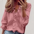 thumbnail image 1 of Goodtrade8 Womens Plus Size Tops Pink Solid Color Flounce Casual Long Sleeve V-Neck Plus Size Shirts for Women, 1 of 6