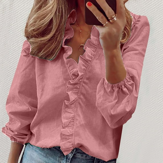Goodtrade8 Womens Plus Size Tops Pink Solid Color Flounce Casual Long Sleeve V-Neck Plus Size Shirts for Women