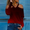 thumbnail image 1 of Goodtrade8 Womens Plus Size Tops Red Cold Shoulder Gradient Long Sleeve V-Neck Casual Winter Shirts for Women, 1 of 5