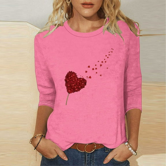 Goodtrade8 Womens Plus Size Tops Spring Holiday Pullover Valentine Summer Crew Neck 3/4 Sleeve Cute Graphic T-Shirts for Women Fashion