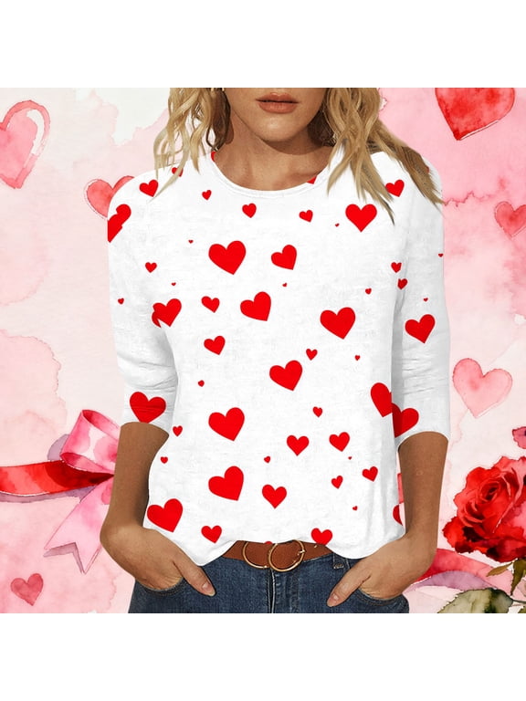 Womens Plus Size Tops Valentine Pullover Casual Graphic Summer 3/4 Sleeve Gifts for Girlfriend T-Shirts for Women Spring